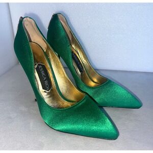 Jessica Rich Green Satin Pointed Toe Pumps Gold Stiletto Heel Zip Back Size 37